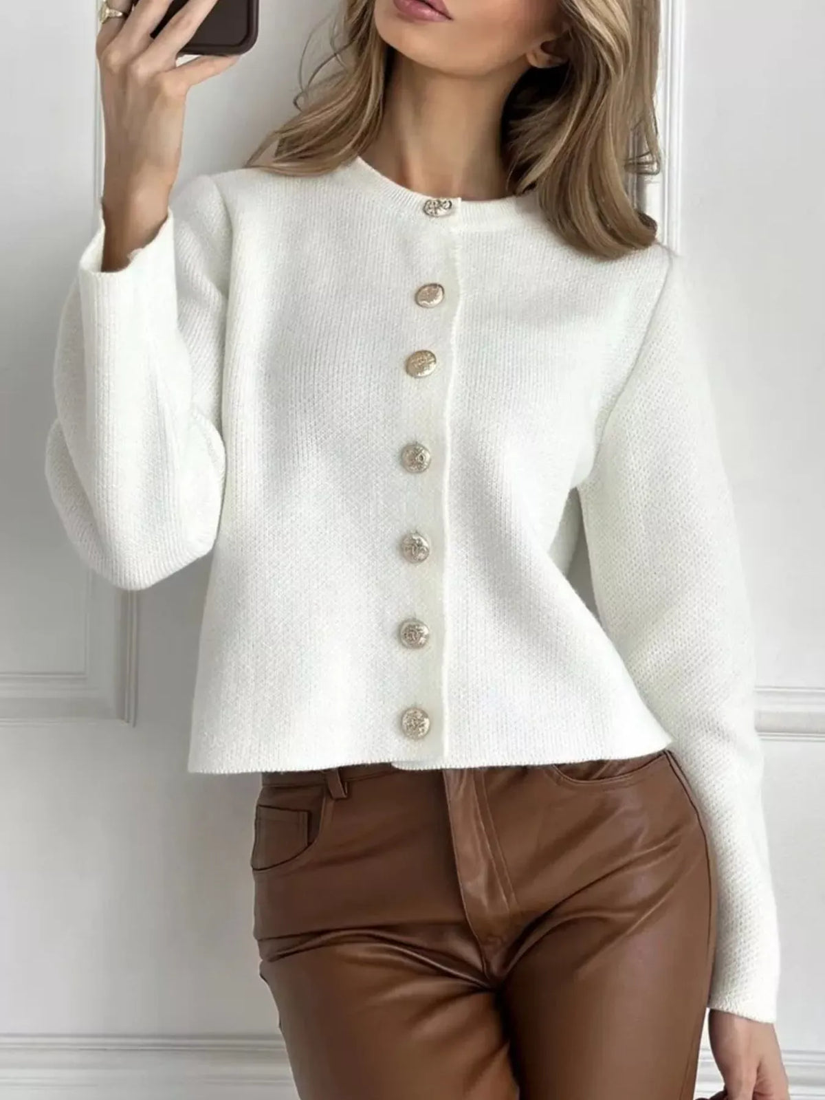 Decorative-Button Crew-Neck Knit Cardigan The Nichole Collection - Official Site
