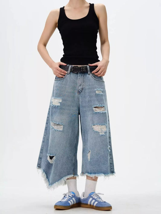Men's Full Size Distressed Raw Hem Wide Leg Jeans Plus Size Blue / S The Nichole Collection
