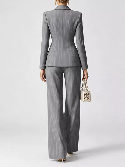 Double-Breasted Pinstripe Blazer and Wide-Leg Pants Set The Nicole Collection