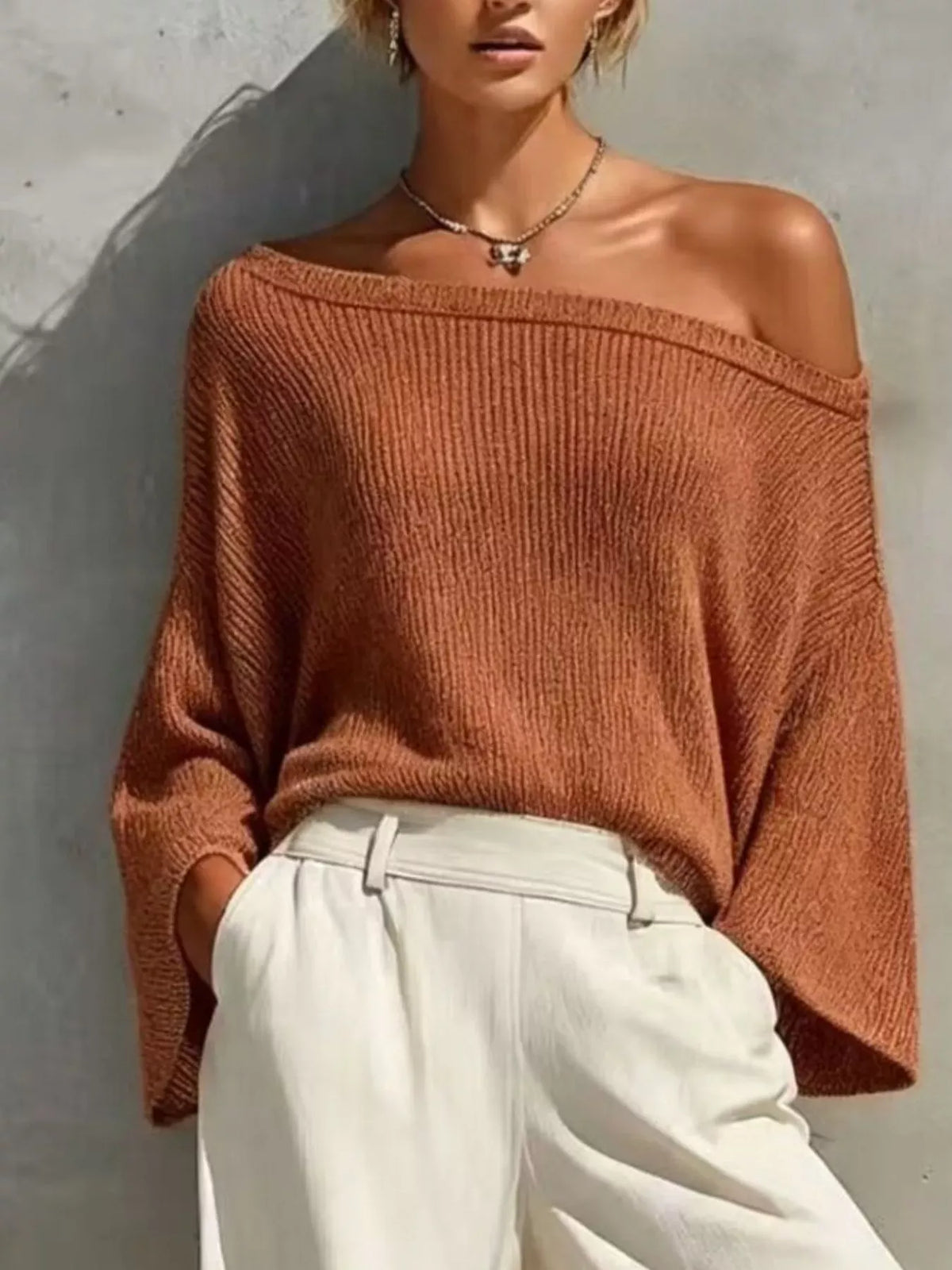 ONE-SHOULDER KNIT TOP & HIGH-WAIST PANTS SET The Nichole Collection - Official Site