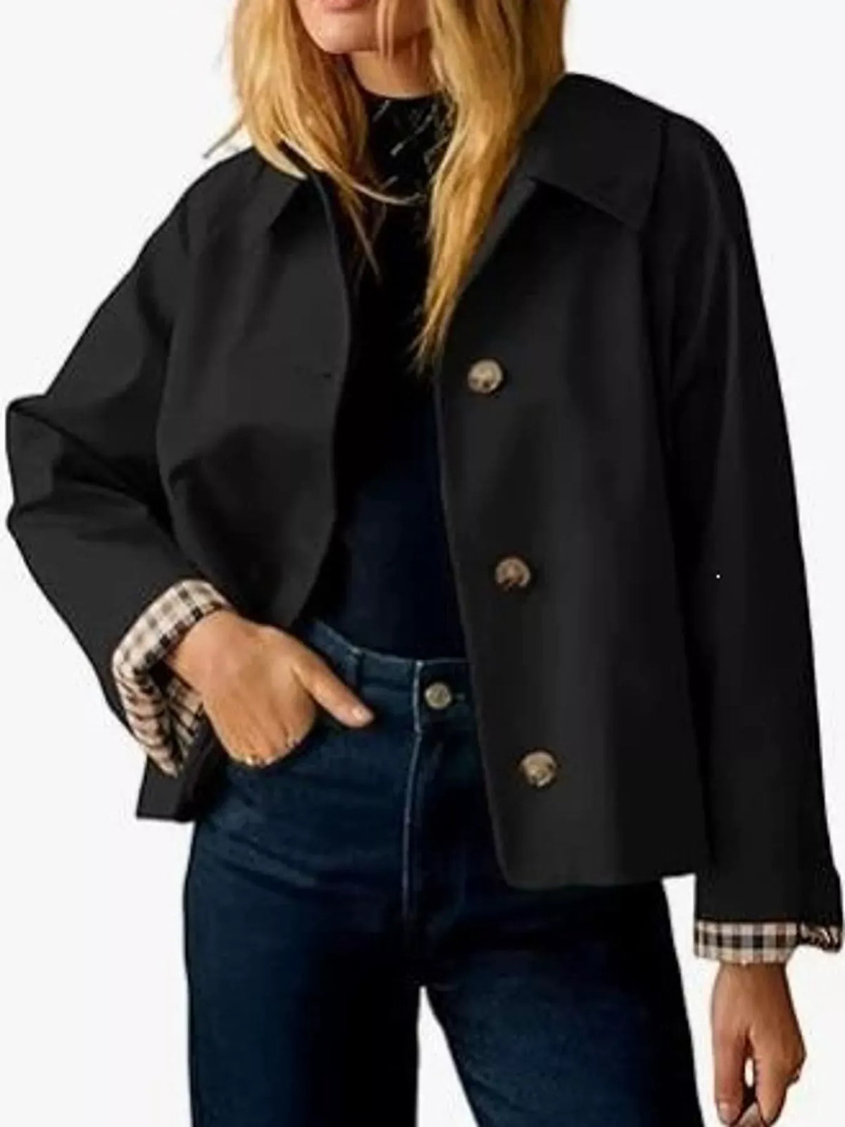 Plaid-Cuff Cropped Trench Jacket The Nichole Collection