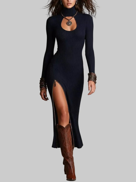 Ribbed Turtleneck Sweater Dress with Cutout and Zipper Slit The Nichole Collection