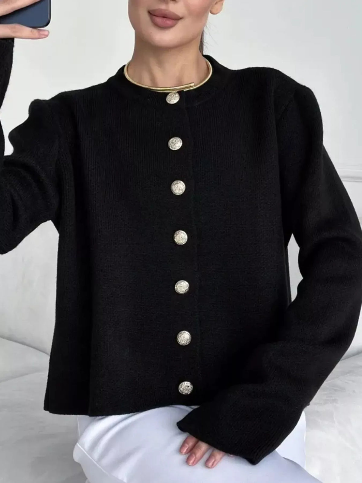 Decorative-Button Crew-Neck Knit Cardigan The Nichole Collection - Official Site