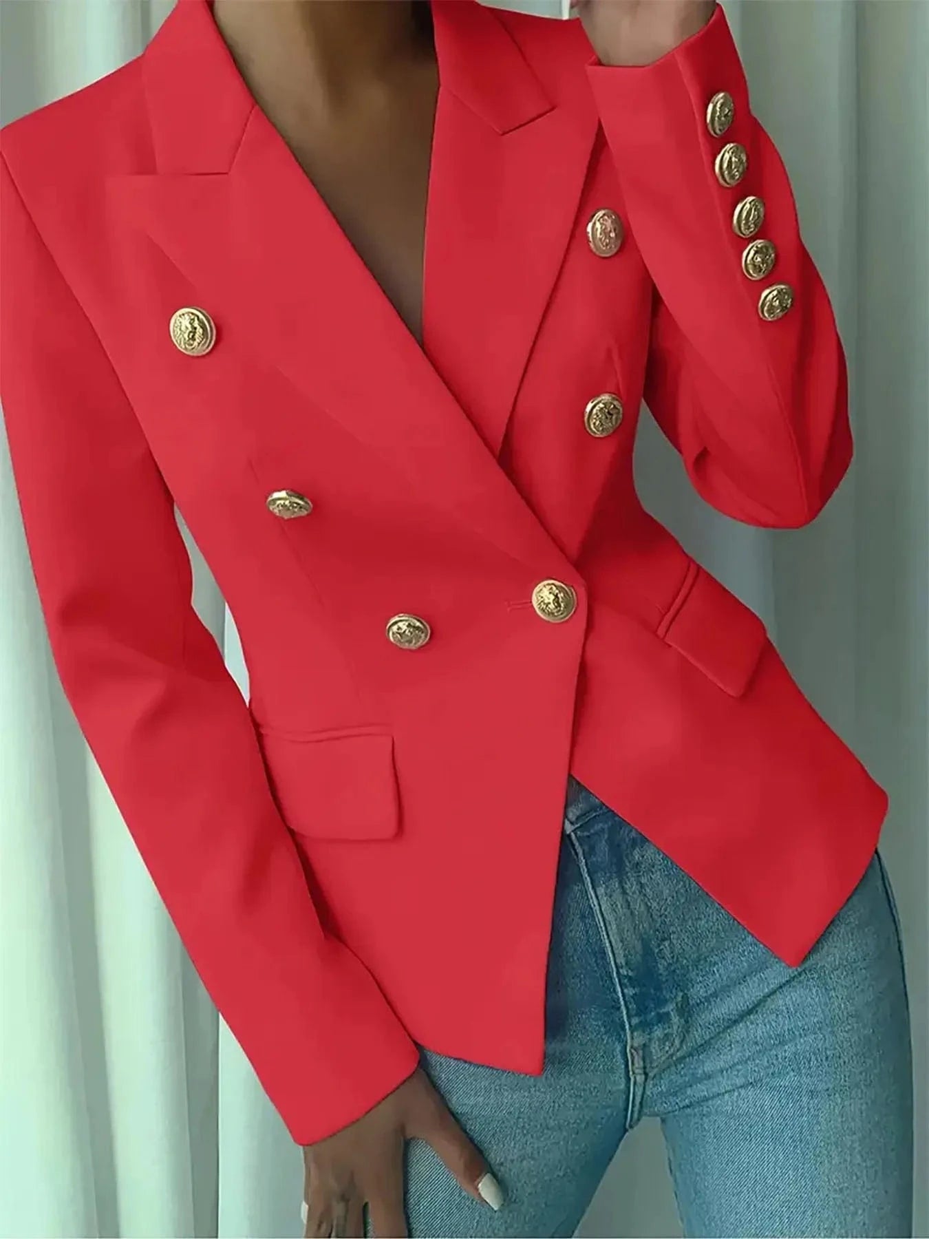 Decor Button Lapel Collar Blazer Blazers Red / S The Nichole Collection
