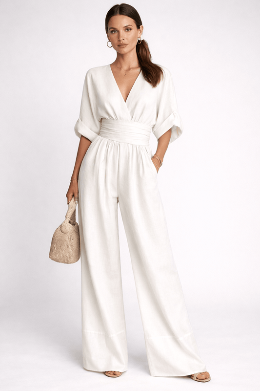 Deep V-Neck Wide Leg Jumpsuit Elegant High-Waist Spring Romper The Nichole Collection Deep V-Neck Wide Leg Jumpsuit Elegant High-Waist Spring Romper The Nichole Collection