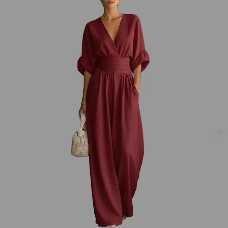 Deep V-Neck Wide Leg Jumpsuit Elegant High-Waist Spring Romper Sky Blue / M Deep V-Neck Wide Leg Jumpsuit Elegant High-Waist Spring Romper Sky Blue / M