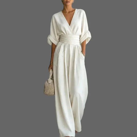 Deep V-Neck Wide Leg Jumpsuit – Elegant High-Waist Spring Romper White / S The Nichole Collection