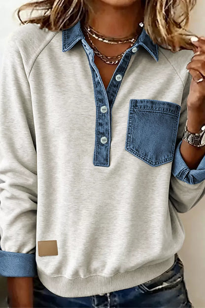 Denim Collar Patchwork Long Sleeve Pullover Top | The Nichole Collection