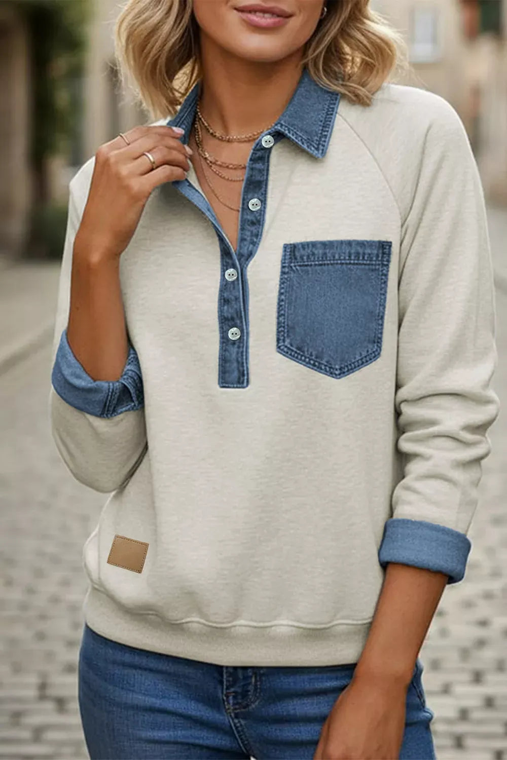 Denim Collar Patchwork Long Sleeve Pullover Top | The Nichole Collection