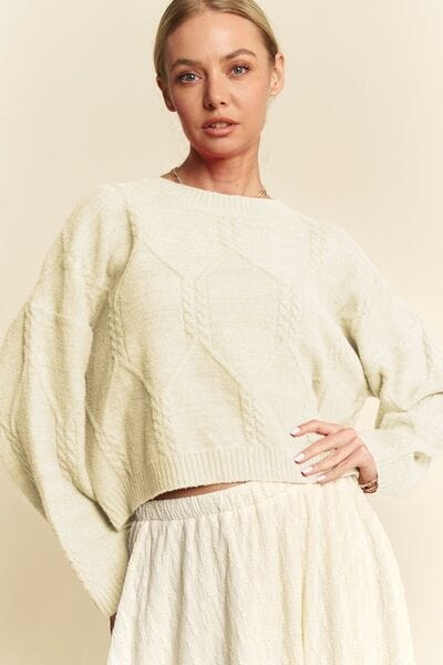 Diamond Cable Pattern Drop Shoulder Sweater Ivory / S The Nichole Collection
