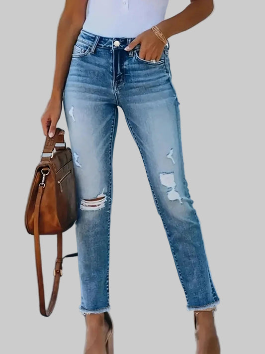 Distressed High-Waisted Skinny Jeans Dusty Blue / XS The Nichole Collection