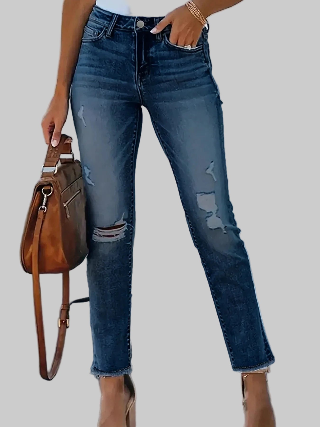 Distressed High-Waisted Skinny Jeans Navy / XS The Nichole Collection
