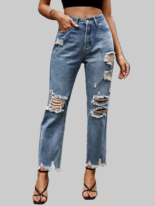 Distressed Raw Hem Jeans with Pockets Medium / S The Nichole Collection