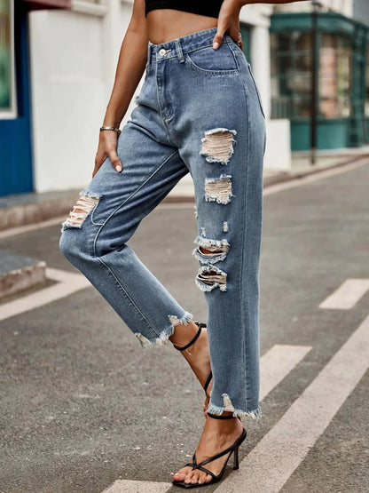 Distressed Raw Hem Jeans with Pockets The Nichole Collection