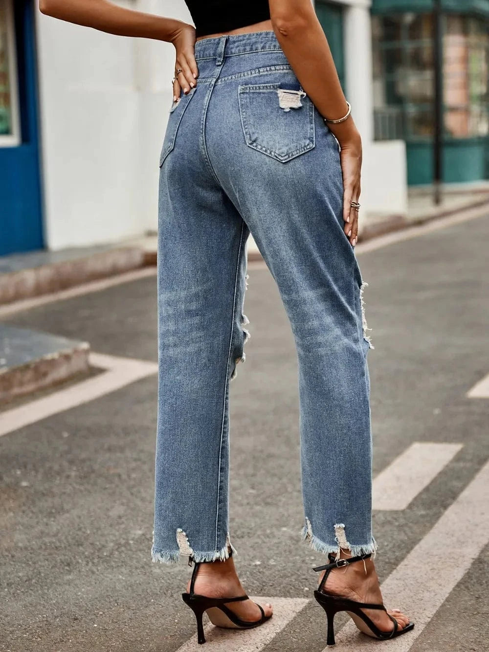 Distressed Raw Hem Jeans with Pockets The Nichole Collection