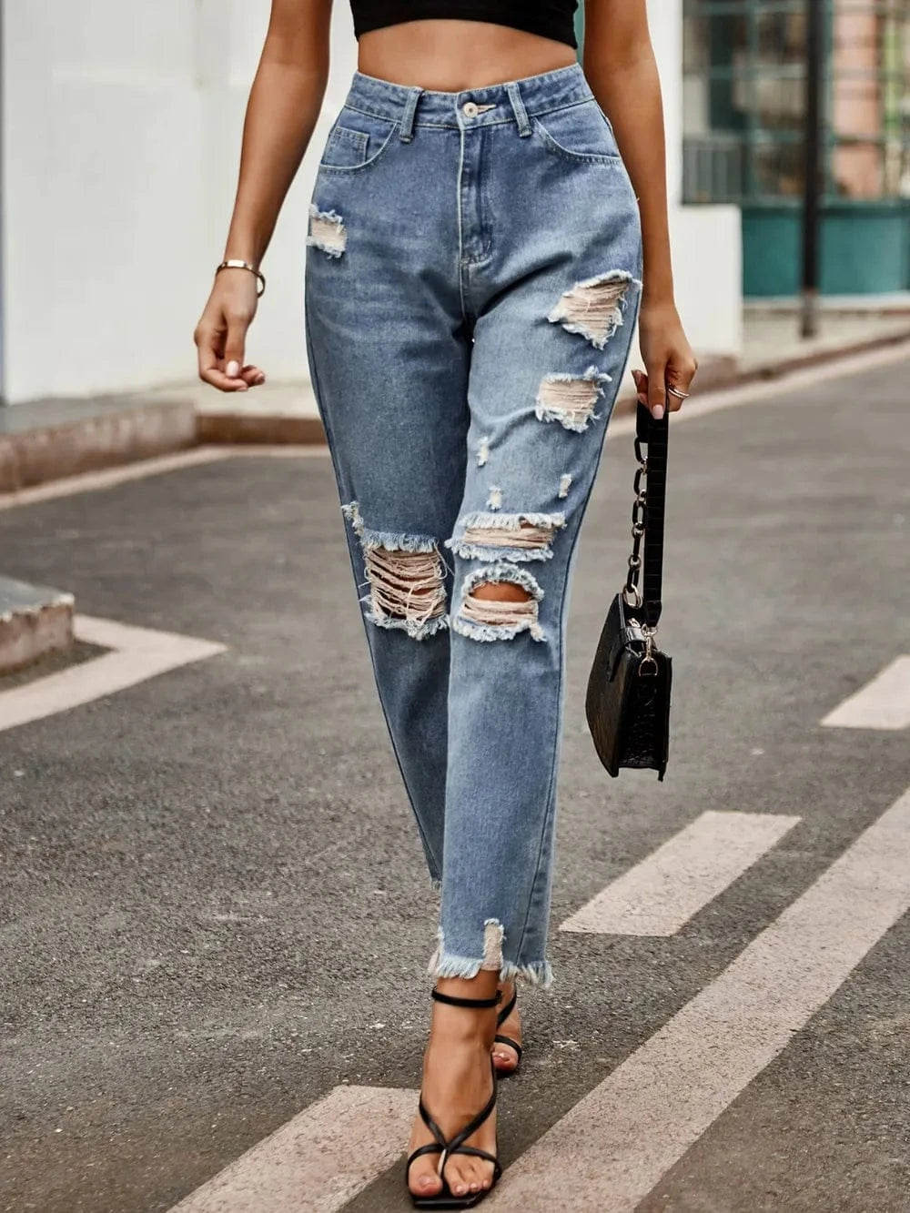 Distressed Raw Hem Jeans with Pockets The Nichole Collection