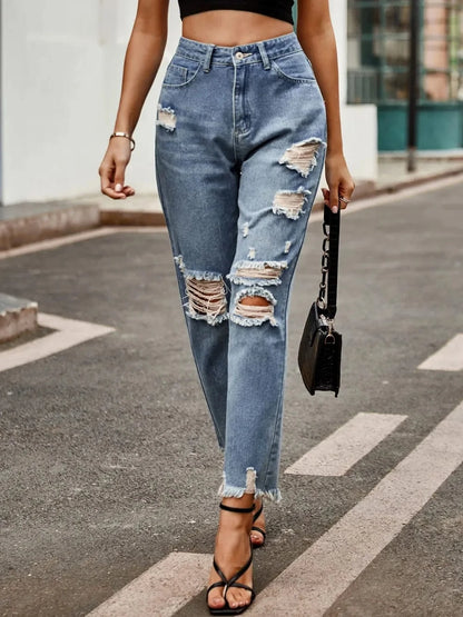 Distressed Raw Hem Jeans with Pockets The Nichole Collection