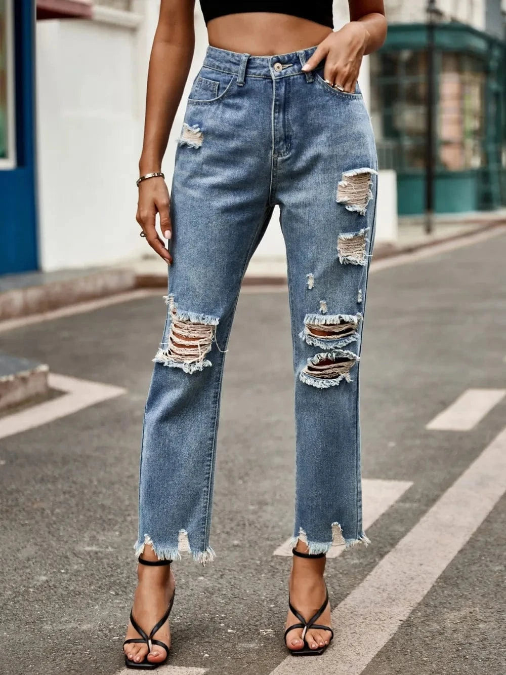 Distressed Raw Hem Jeans with Pockets The Nichole Collection