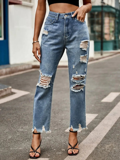 Distressed Raw Hem Jeans with Pockets The Nichole Collection