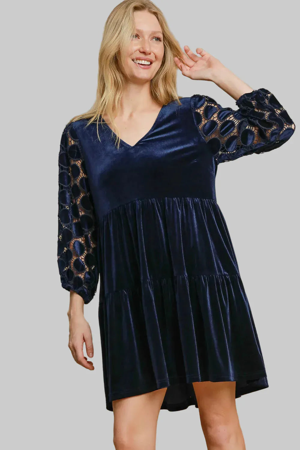 Dotted Lace Sleeve Tiered Velvet Mini Dress Dresses The Nichole Collection