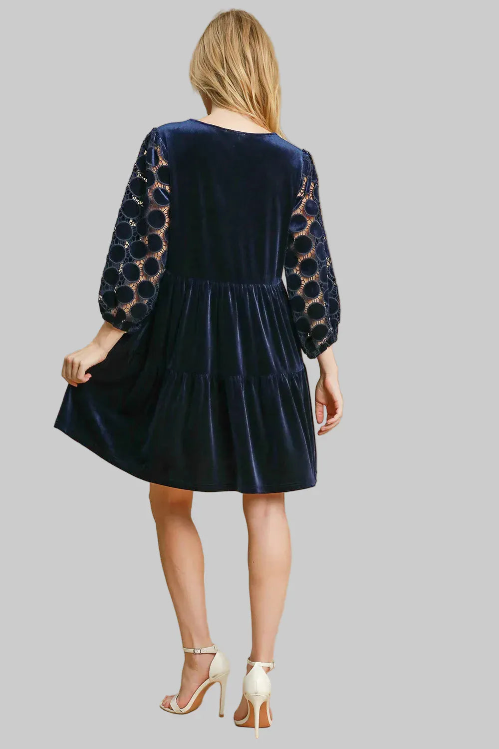 Dotted Lace Sleeve Tiered Velvet Mini Dress Dresses The Nichole Collection