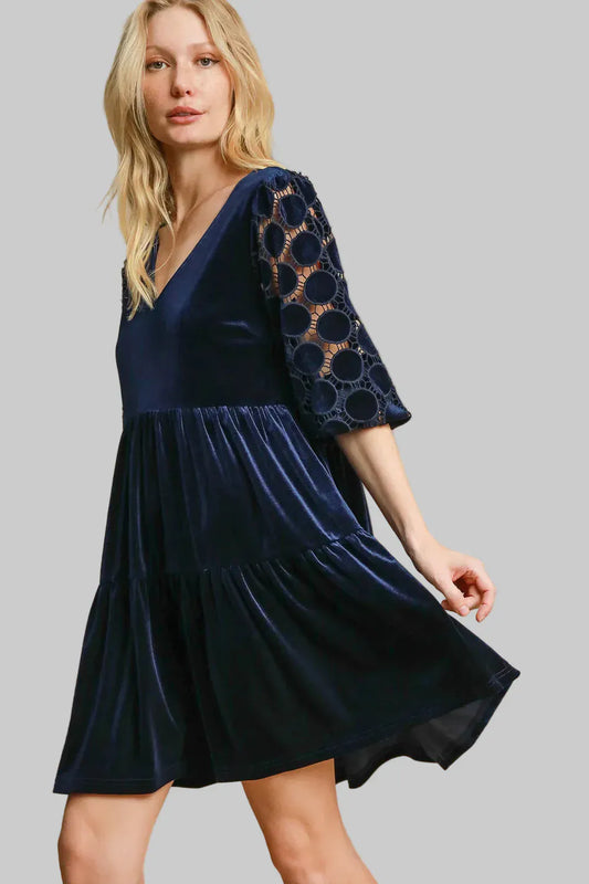 Dotted Lace Sleeve Tiered Velvet Mini Dress Dresses Navy / S The Nichole Collection