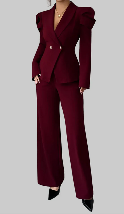 Double-Breasted Blazer and Pants Suit Set Women's Sets Burgundy / S The Nichole Collection