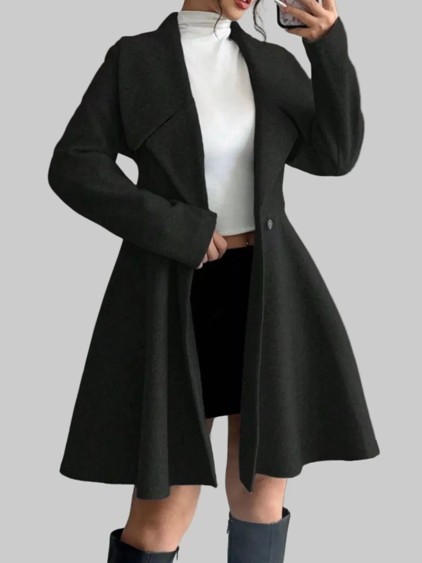 Double-Breasted Fit & Flare Wool Blend Coat Black / S The Nichole Collection