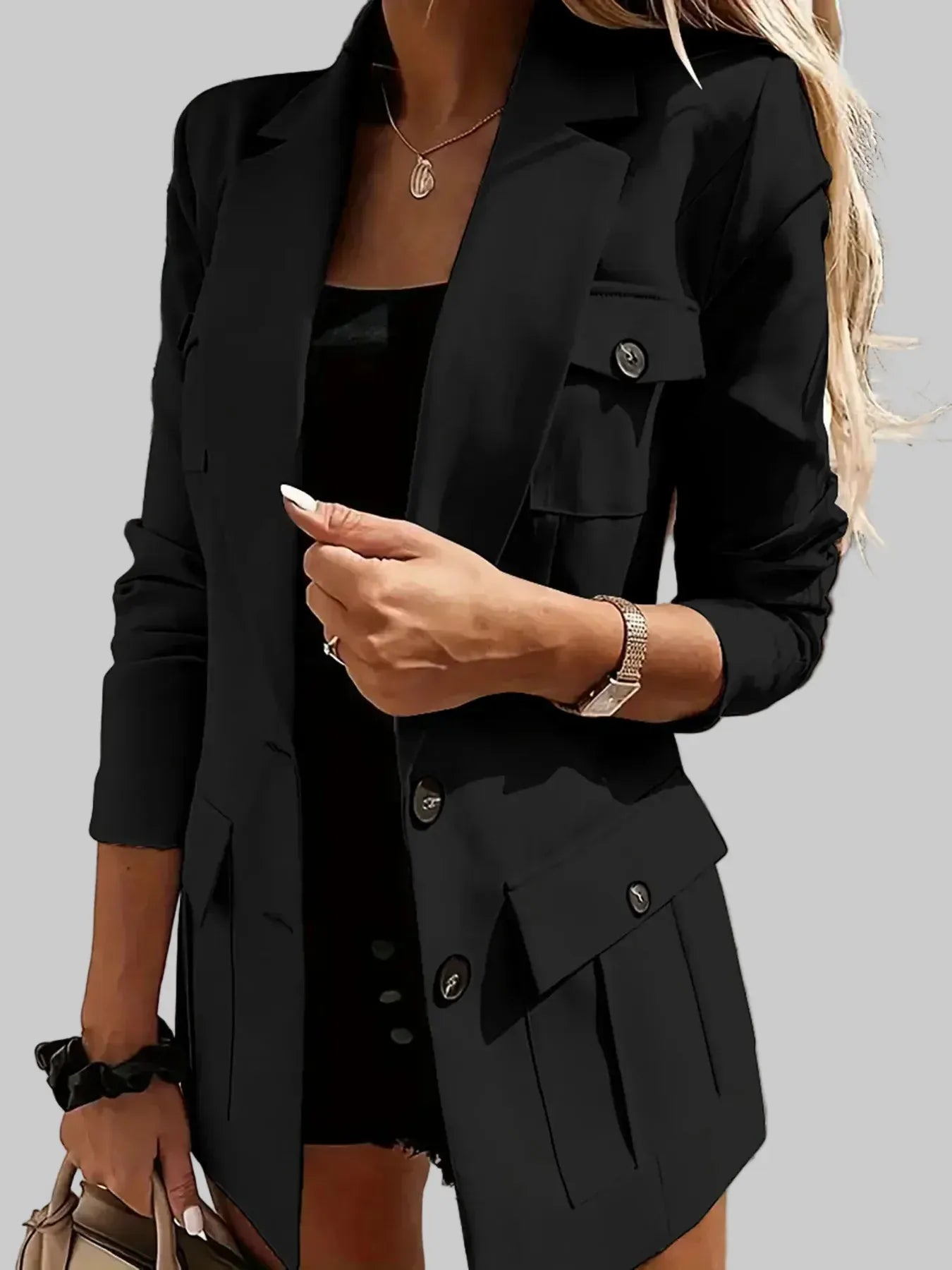Double-Breasted Lapel Collar Blazer - Black / S