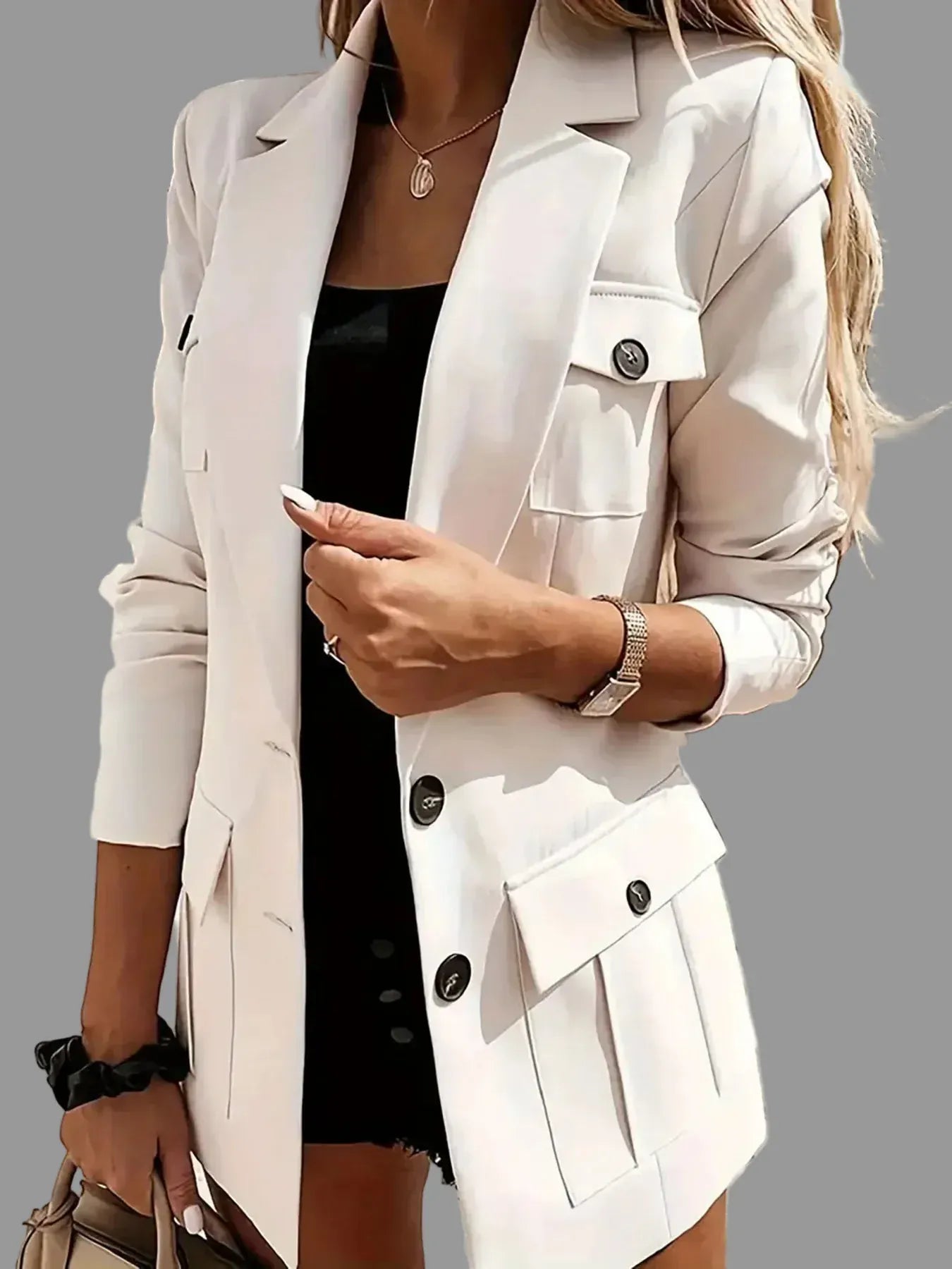 Double-Breasted Lapel Collar Blazer - White / S