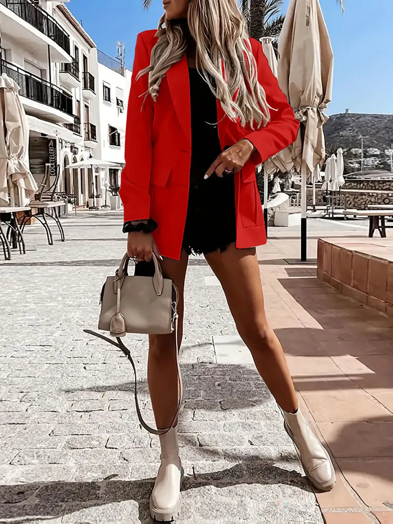 Double-Breasted Lapel Collar Blazer - Red / S