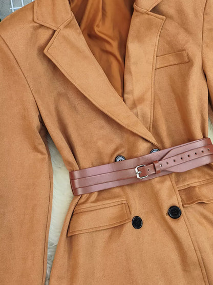 Double-Breasted Lapel Collar Blazer - Khaki / S