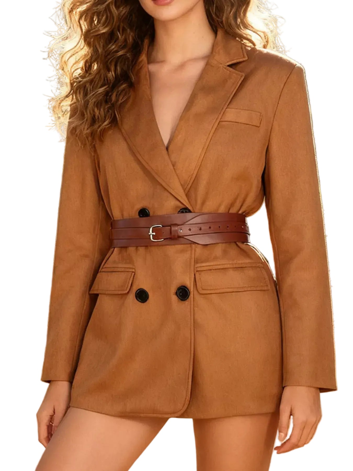 Double-Breasted Lapel Collar Blazer - Khaki / S