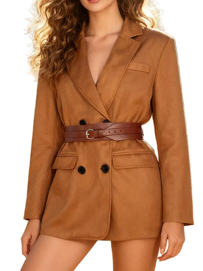 Double-Breasted Lapel Collar Blazer - Khaki / S