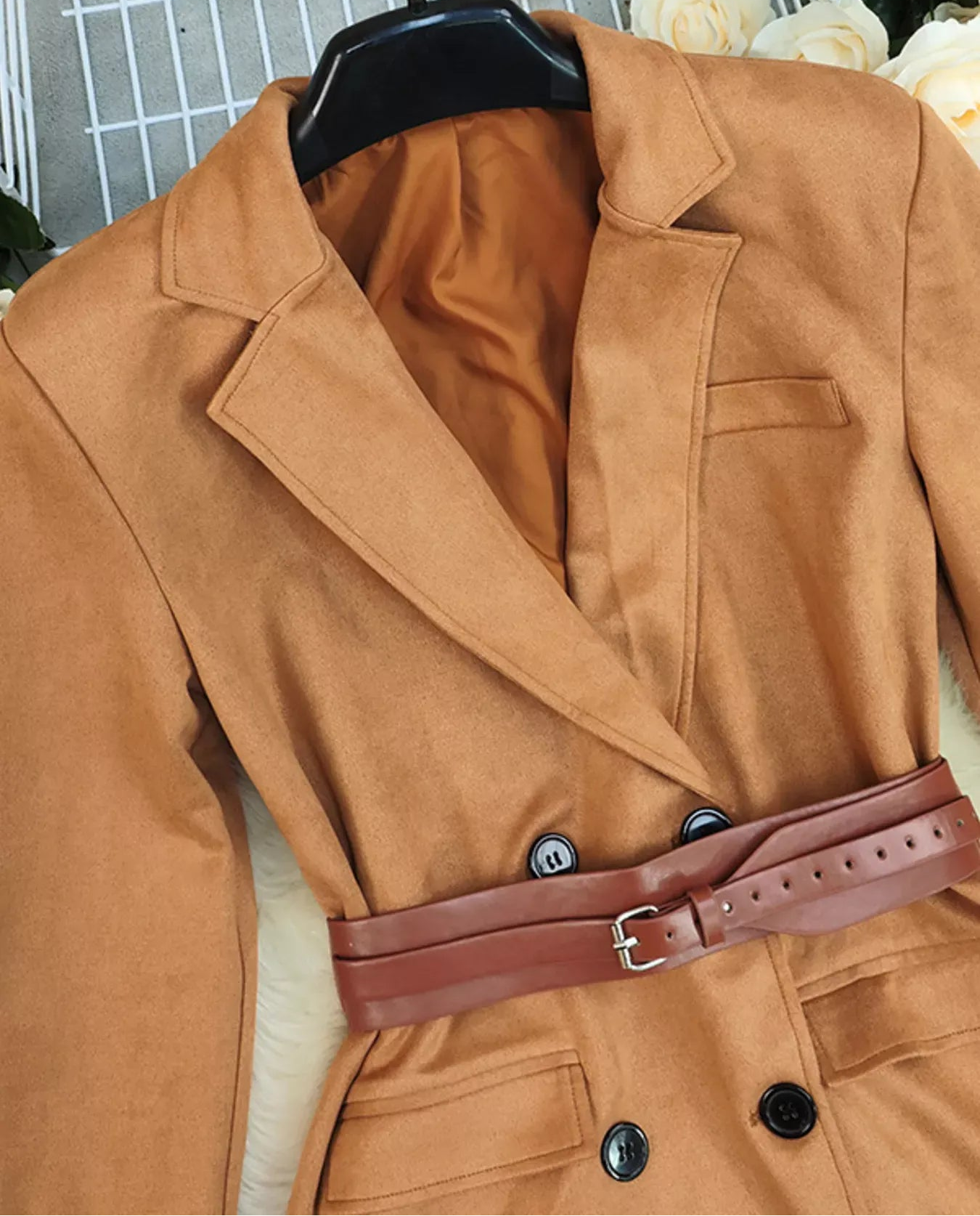 Double-Breasted Lapel Collar Blazer - Khaki / S