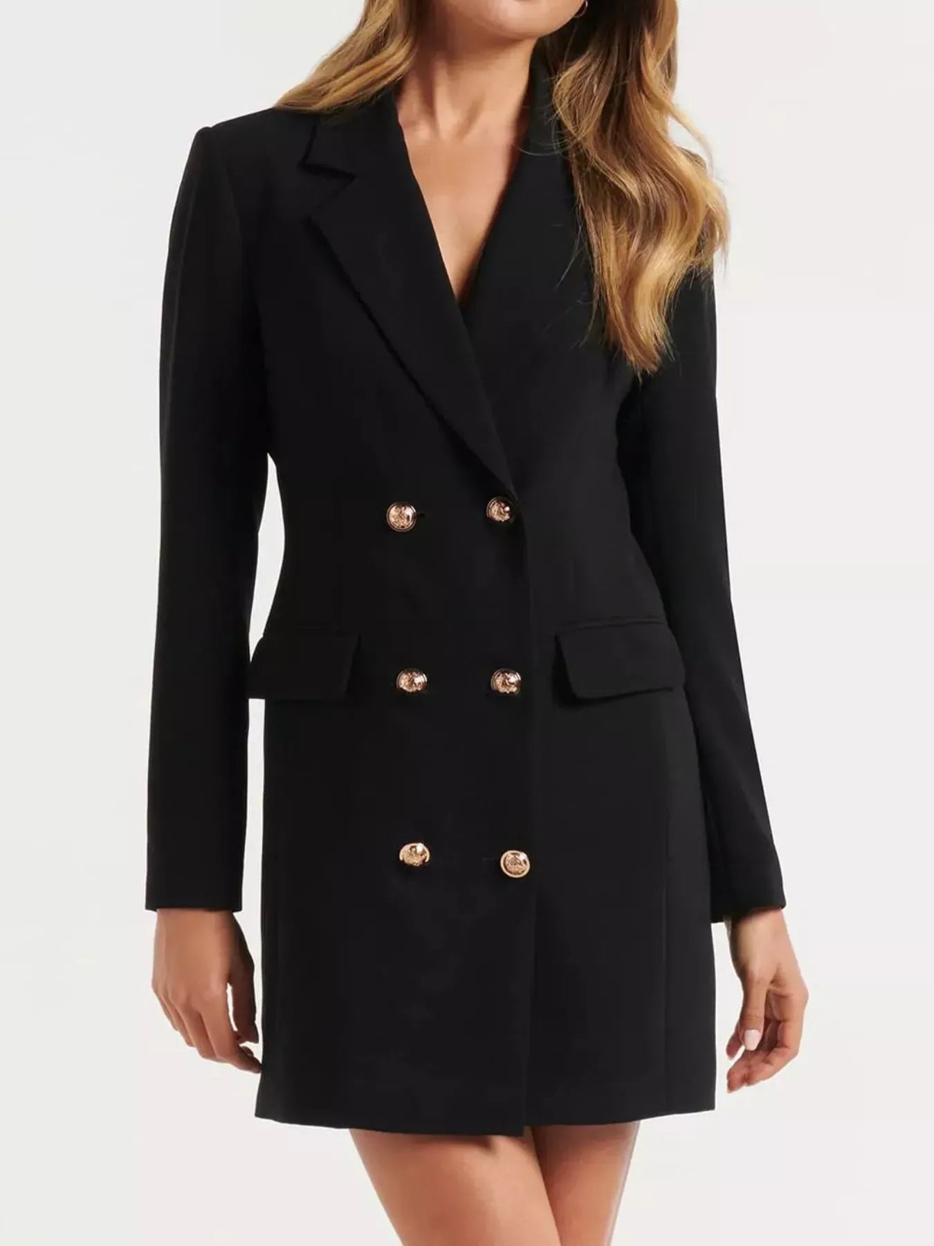 Double-Breasted Long Sleeve Blazer Dress - Black / S