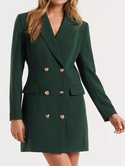 Double-Breasted Long Sleeve Blazer Dress - Dark Green / S