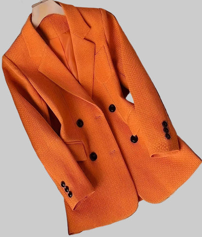 Double-Breasted Textured Blazer - Orange / S