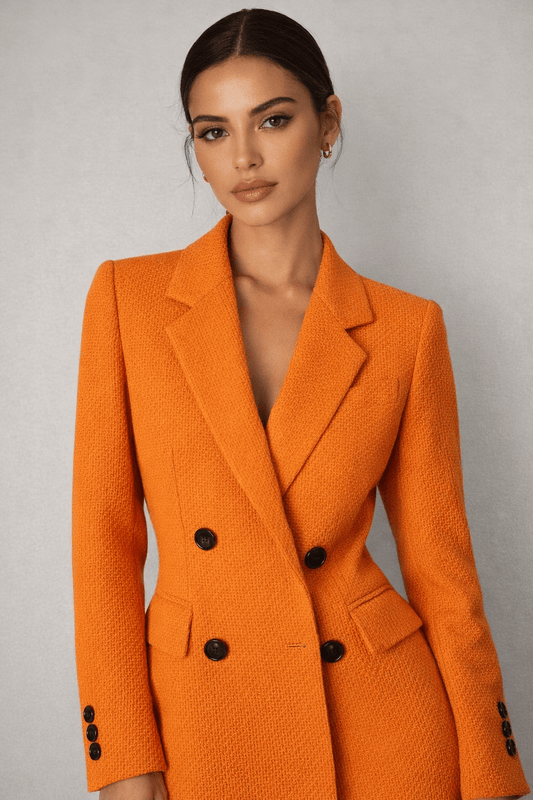 Double-Breasted Textured Blazer - Orange / S