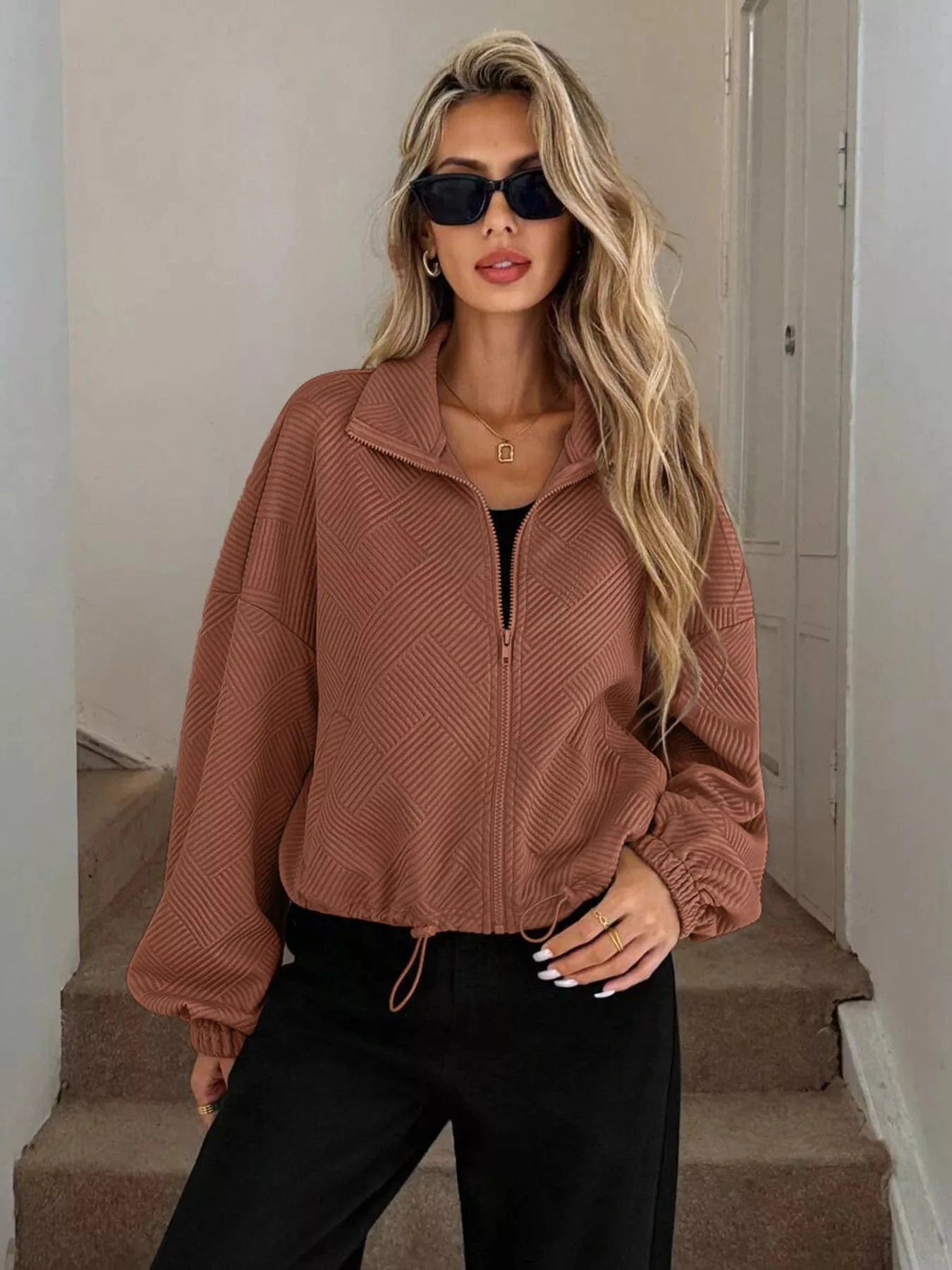 Drawstring Hem Textured Long Sleeve Jacket Jackets The Nichole Collection