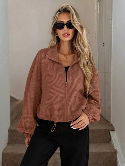 Drawstring Hem Textured Long Sleeve Jacket Jackets The Nichole Collection