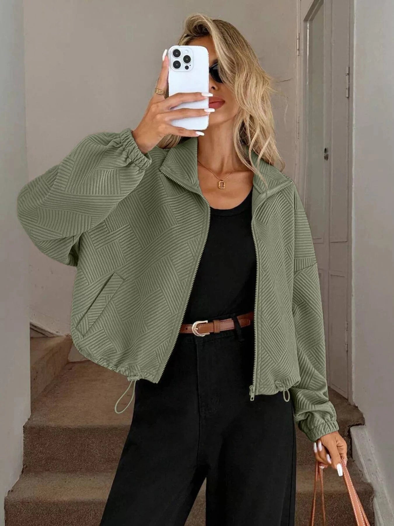 Drawstring Hem Textured Long Sleeve Jacket Jackets The Nichole Collection