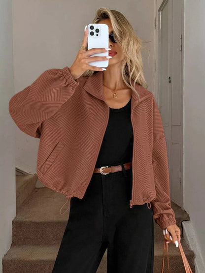 Drawstring Hem Textured Long Sleeve Jacket Jackets Caramel / S The Nichole Collection