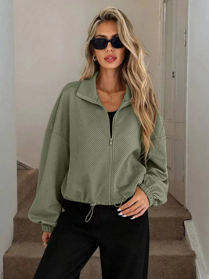 Drawstring Hem Textured Long Sleeve Jacket Jackets Army Green / S The Nichole Collection
