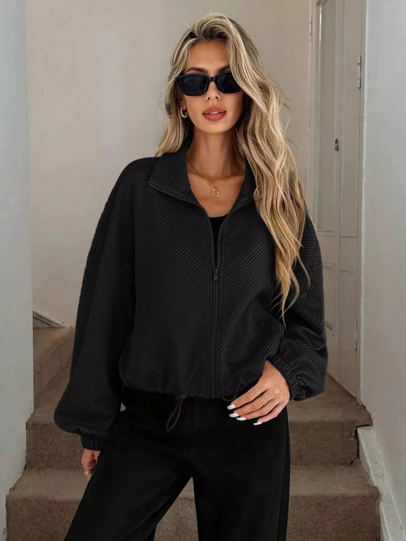 Drawstring Hem Textured Long Sleeve Jacket Jackets Black / S The Nichole Collection