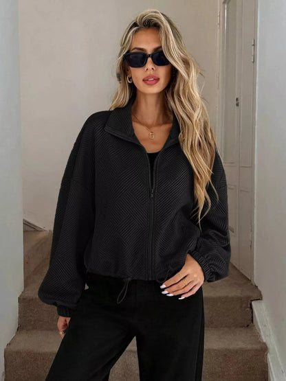 Drawstring Hem Textured Long Sleeve Jacket Jackets Black / S The Nichole Collection
