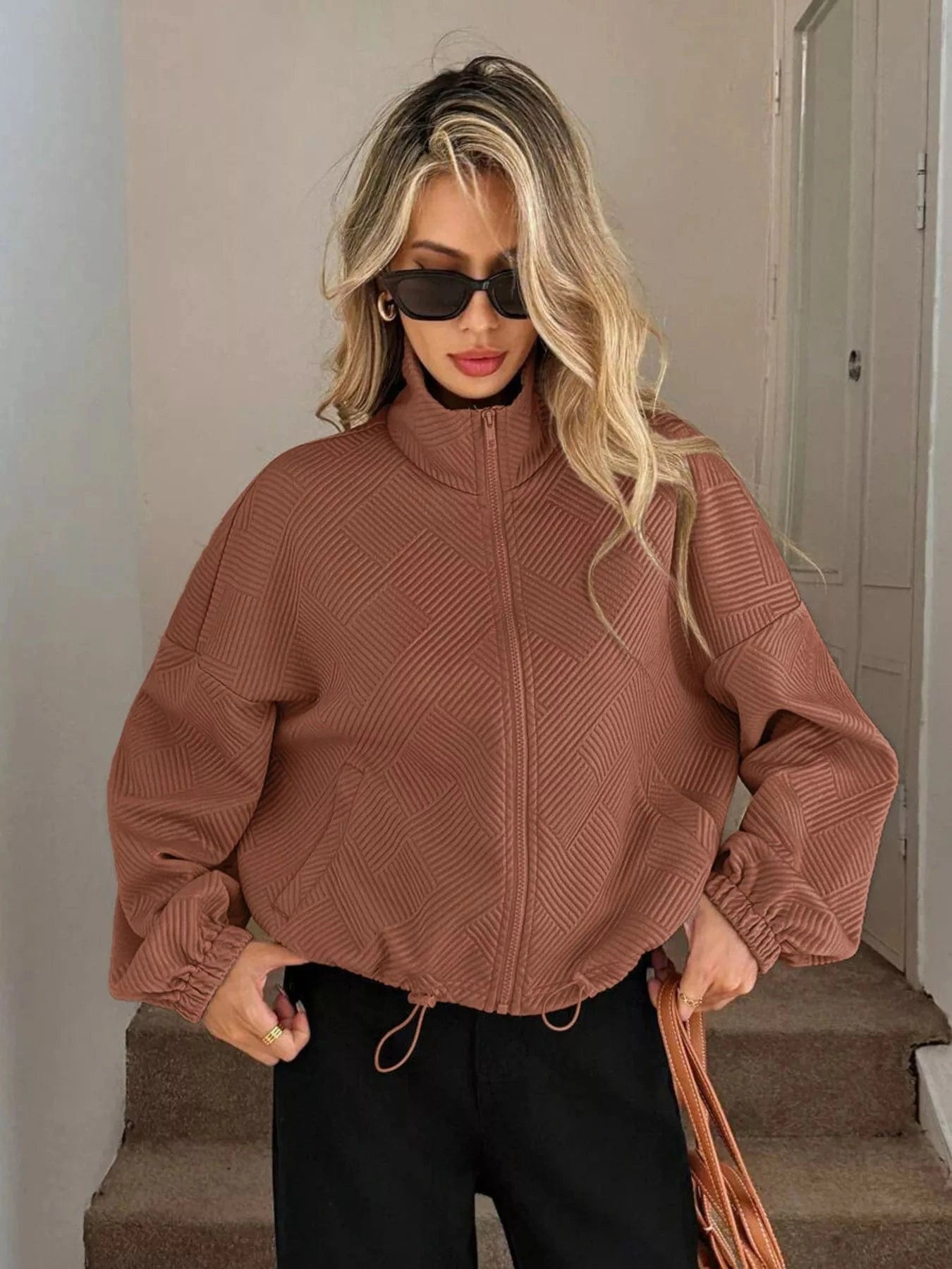 Drawstring Hem Textured Long Sleeve Jacket Jackets The Nichole Collection
