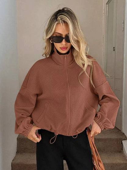 Drawstring Hem Textured Long Sleeve Jacket Jackets The Nichole Collection