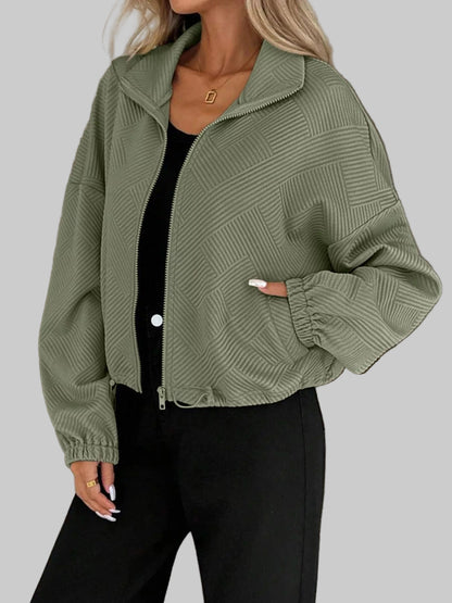 Drawstring Hem Textured Long Sleeve Jacket Jackets The Nichole Collection
