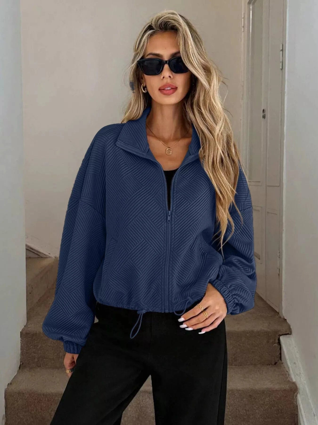 Drawstring Hem Textured Long Sleeve Jacket Jackets The Nichole Collection